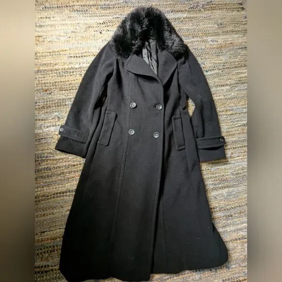 Sisley Black Wool Maxi Coat Faux Fur Collar 44 Italycore Dark Academia Gothic Wh